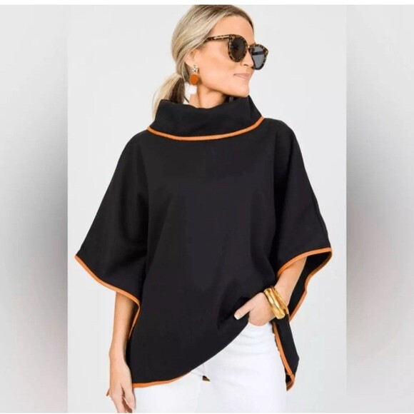 Tuckernuck One Size Black Leather Trim Funnel Neck Piper Poncho - Picture 1 of 11